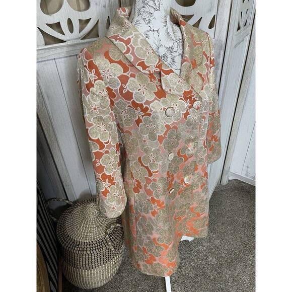 Banana Republic Silk Floral Trench Coat Button Coral Pink Metallic Sz Large - Picture 2 of 13